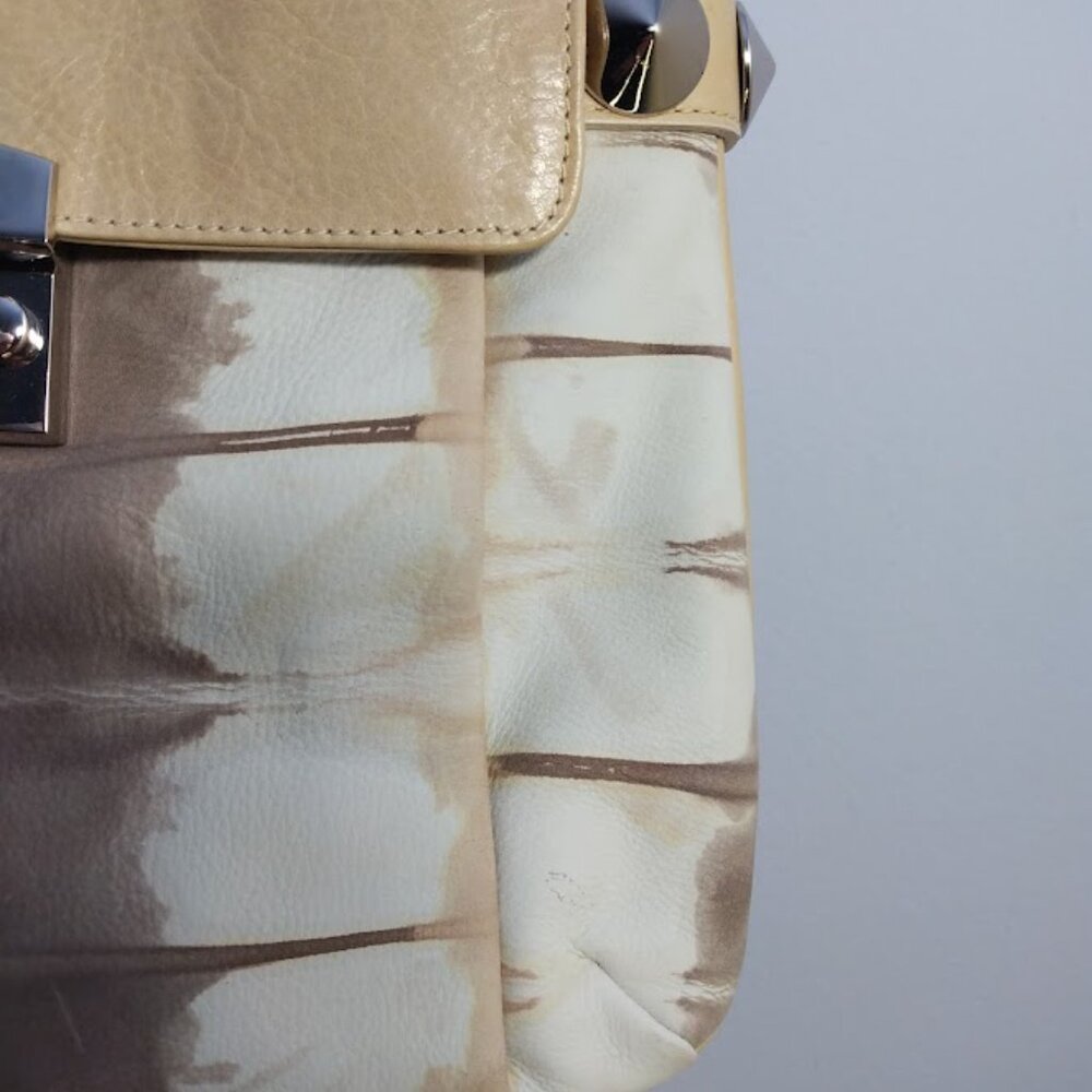 Women's Leather & Suede Shoulder Handbag Beige Cream Studded Neutral FLAWS - Picture 7 of 16